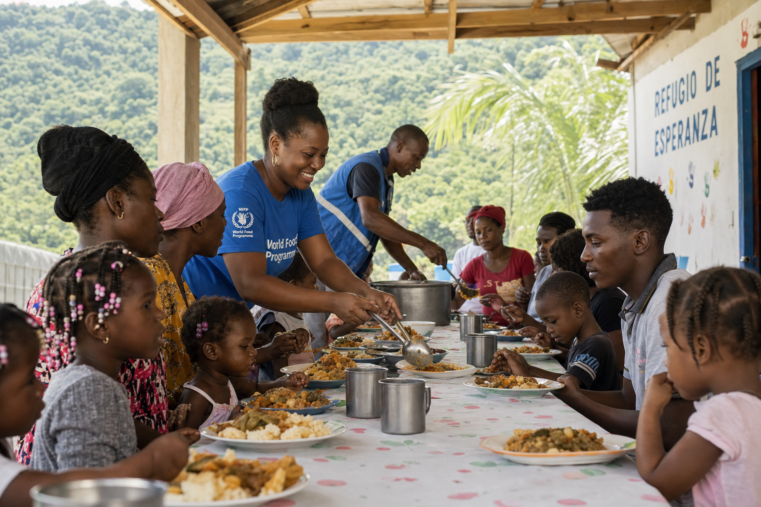 Refugees being welcomed with a warm meal at Hope Mountain