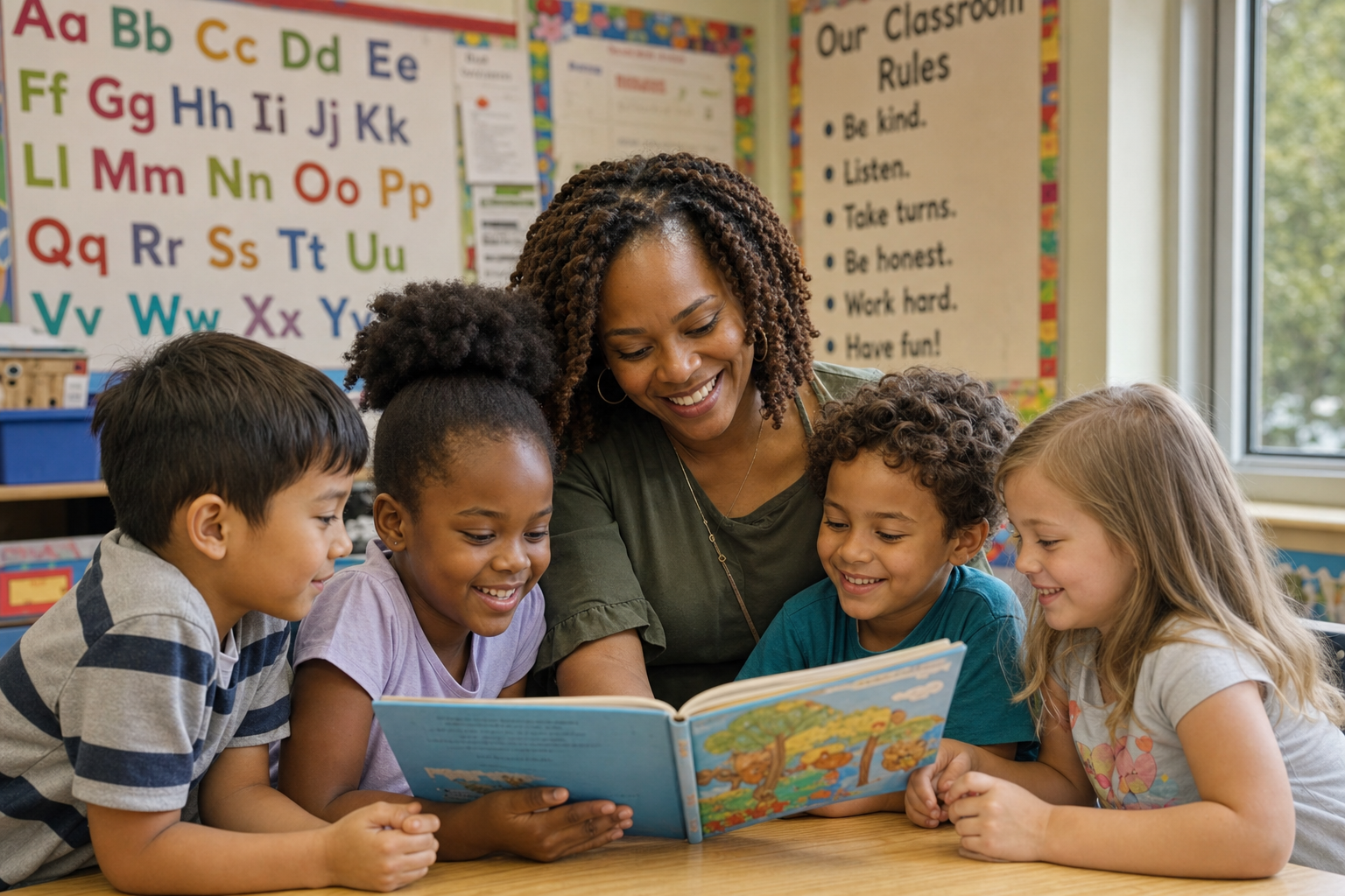 A teacher reading with a small group of children in a bright American classroom