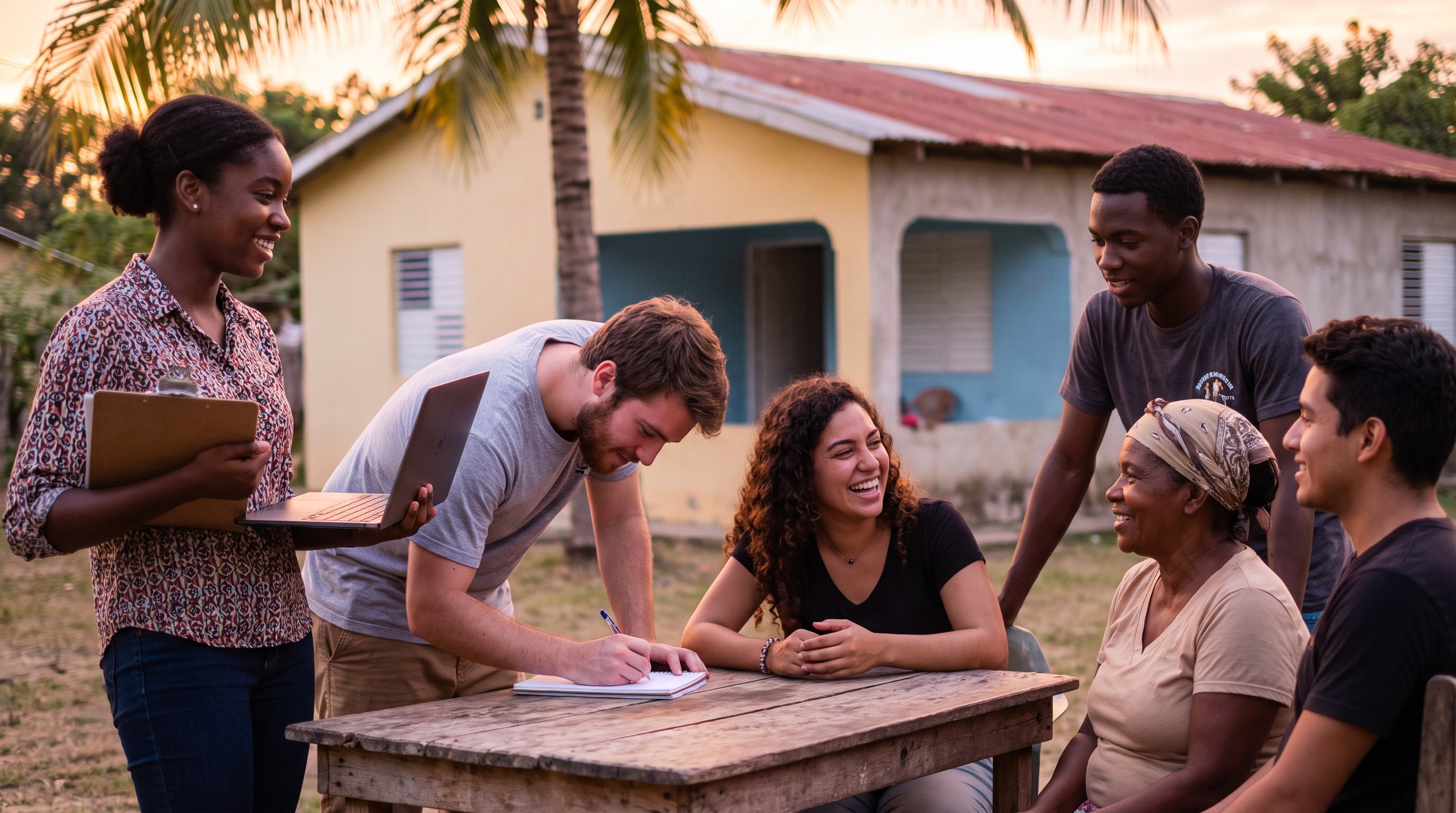 A diverse group of young interns working together with a community member at an outdoor table in the Dominican Republic