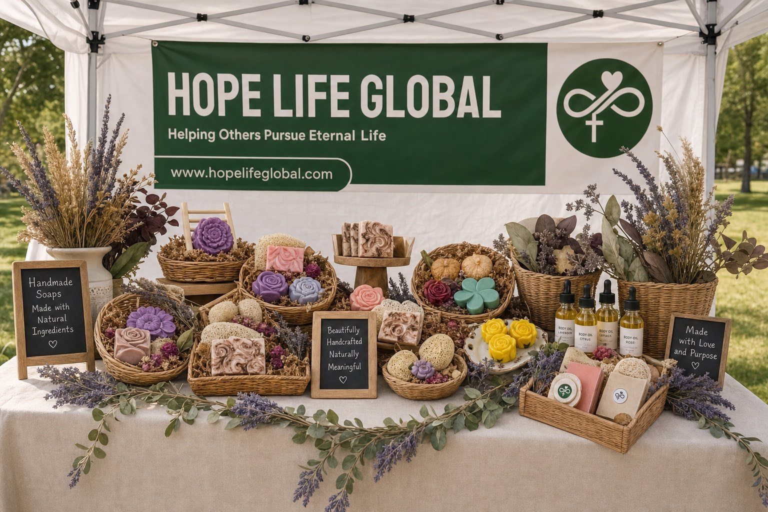 The HOPE Life Global booth at an outdoor market, with handmade soaps, candles and botanicals arranged on a draped table under a white tent
