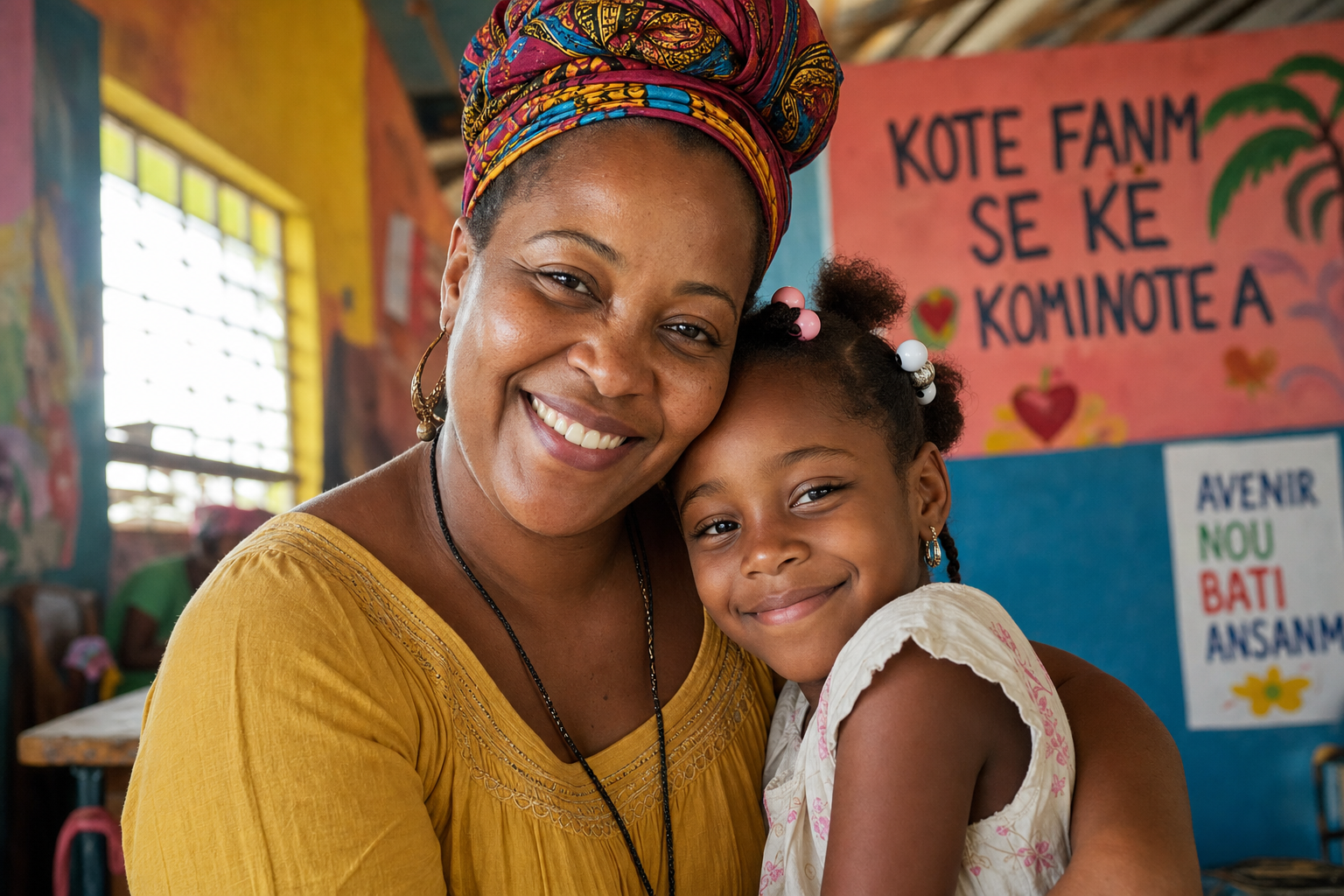 A woman and girl embracing in a safe space